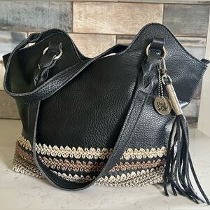 The Sak Back to Bali Black Pebbled Leather Crochet-Trim Shoulder Bag
